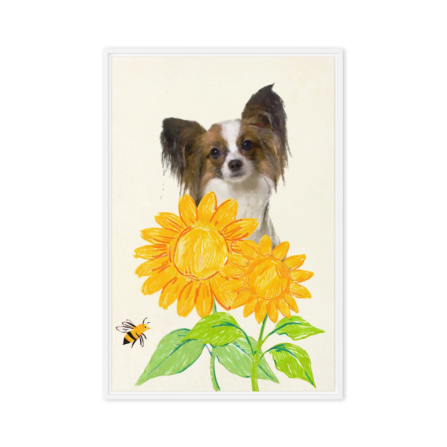 Minimalist crayon-style pet portrait of a Papillon dog surrounded by bright yellow sunflowers and a bee, set against a light framed canvas.