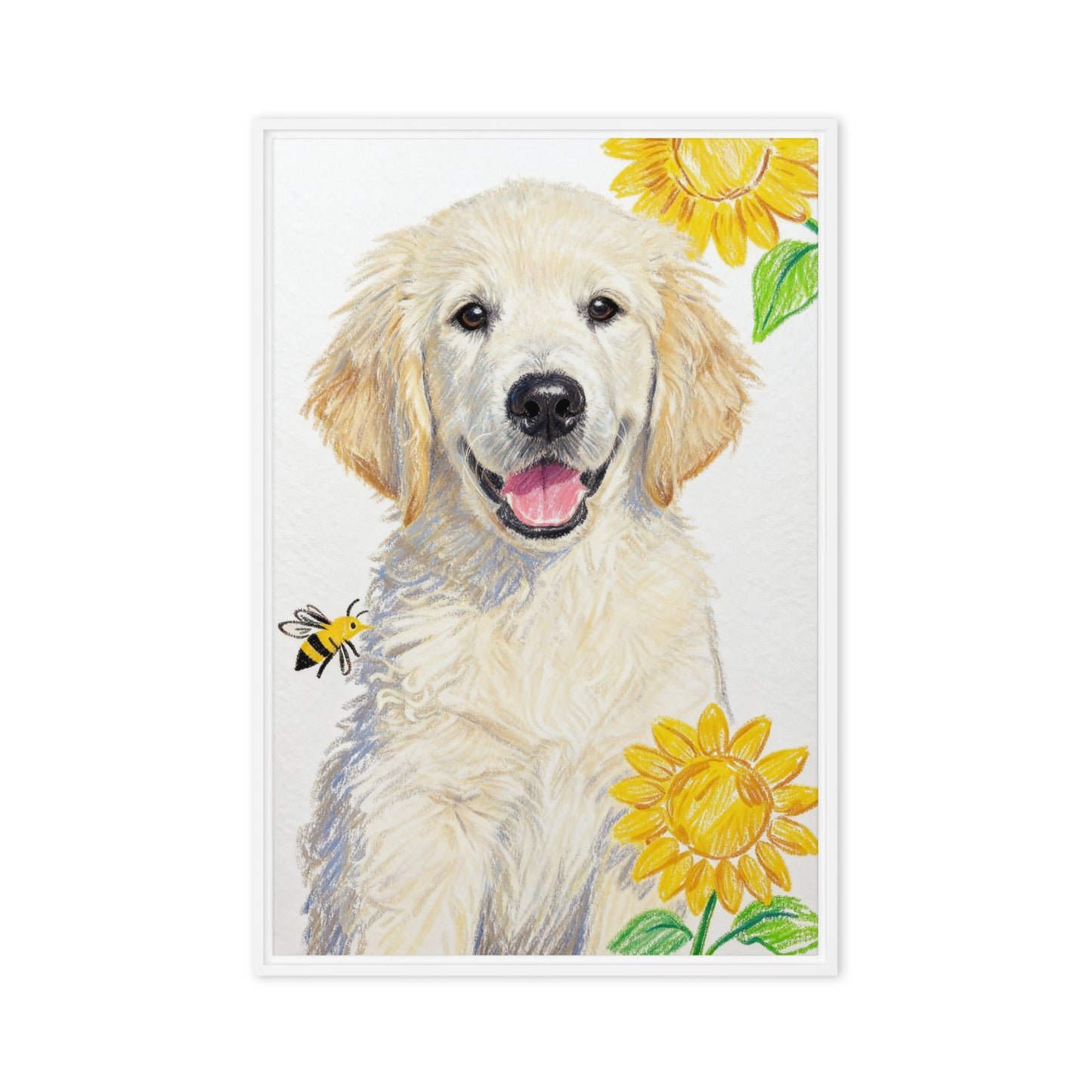 Crayon-style pet portrait canvas with sunflowers and bee.