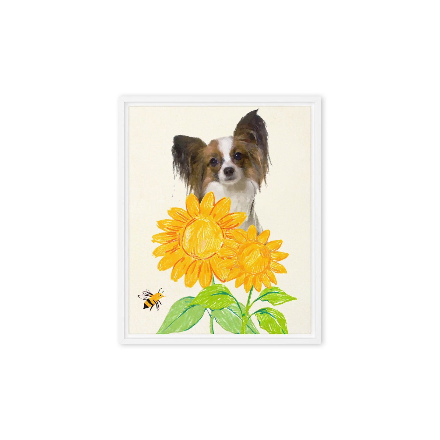 Minimalist crayon-style pet portrait of a Papillon dog surrounded by bright yellow sunflowers and a bee, set against a light framed canvas.
