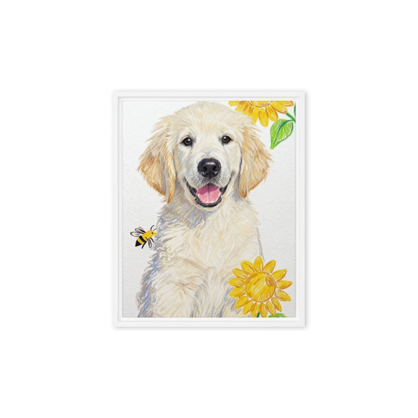Crayon-style pet portrait canvas with sunflowers and bee.