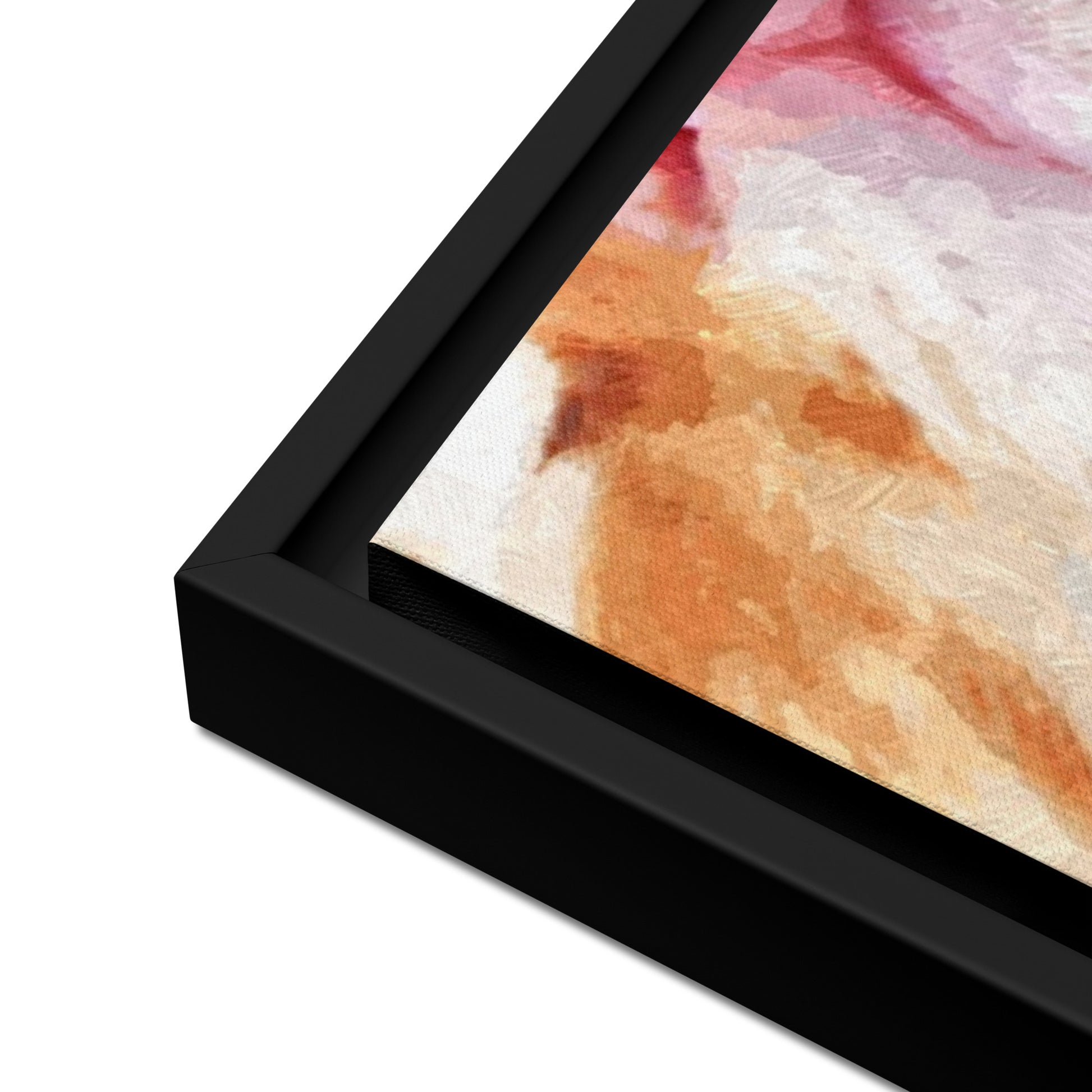 Close-up of a framed canvas portrait with a black frame.