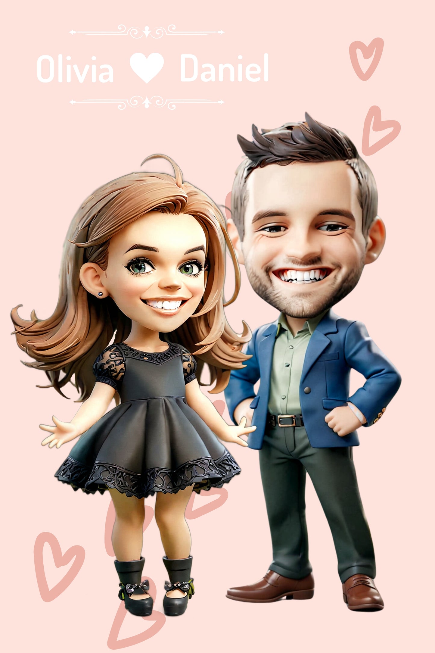 A digital custom cartoon portrait of a  couple in classic black elegant attire.