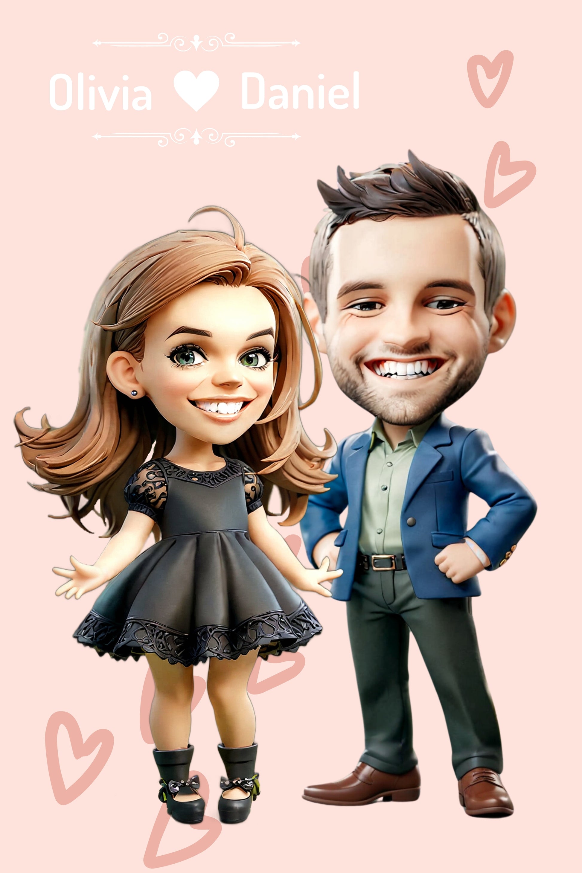 A digital custom cartoon portrait of a  couple in classic black elegant attire.