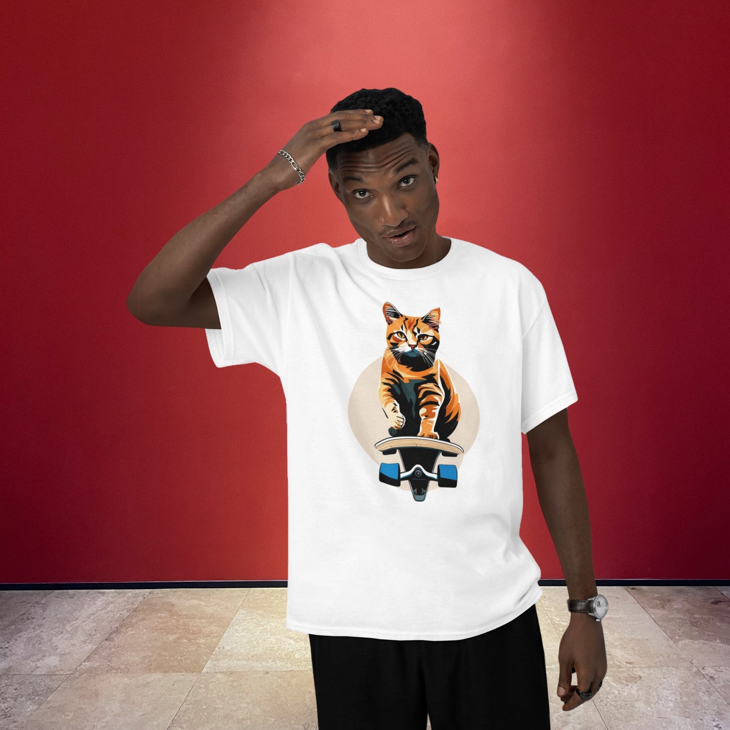 Man wearing a white cool t-shirt featuring a playful skateboarding cat design. A stylish cat t-shirt for men that’s perfect for cat lovers!