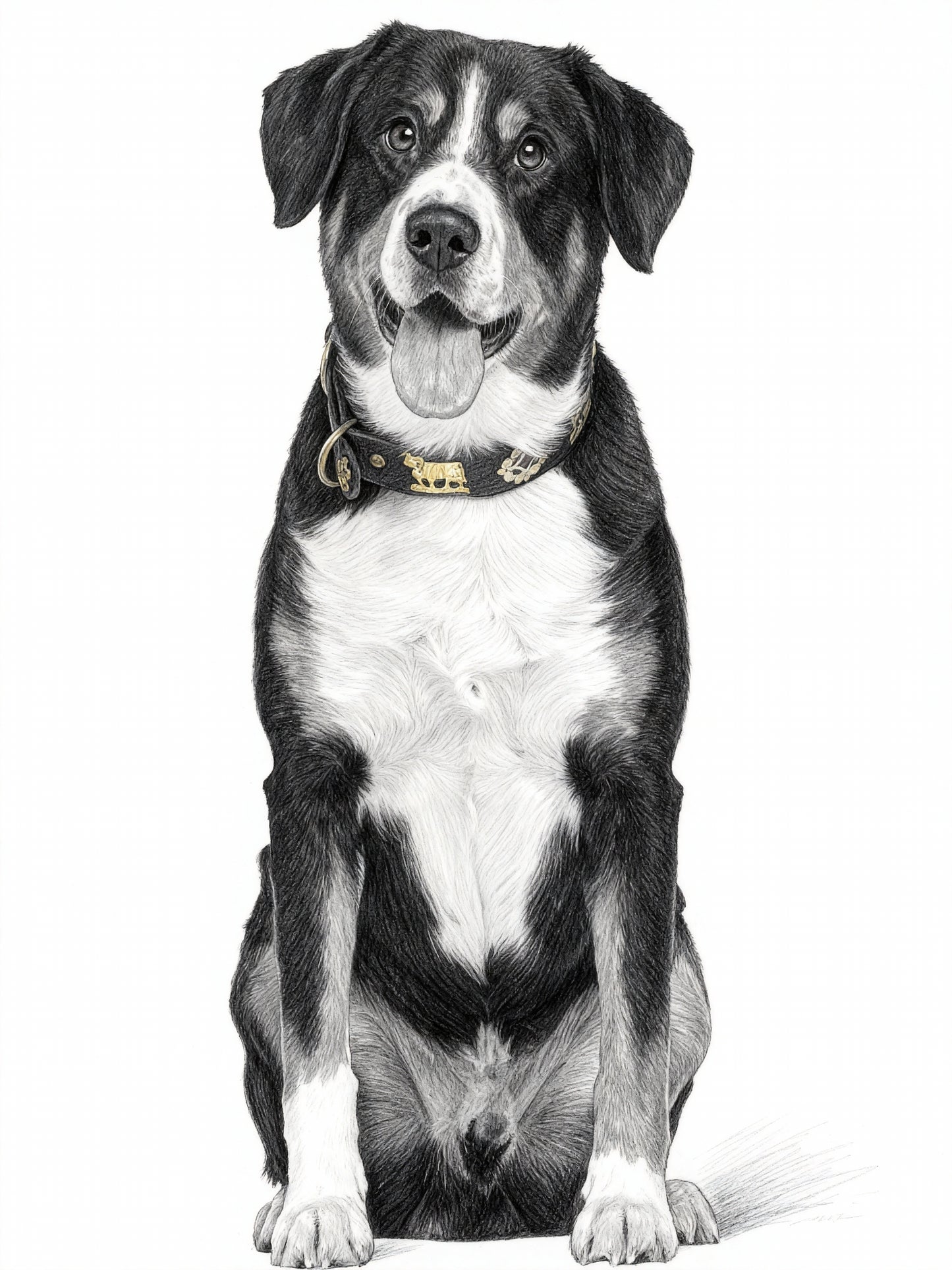 Modern minimalist black and white pencil pet portrait of a sitting dog with white markings and gold-accented collar.