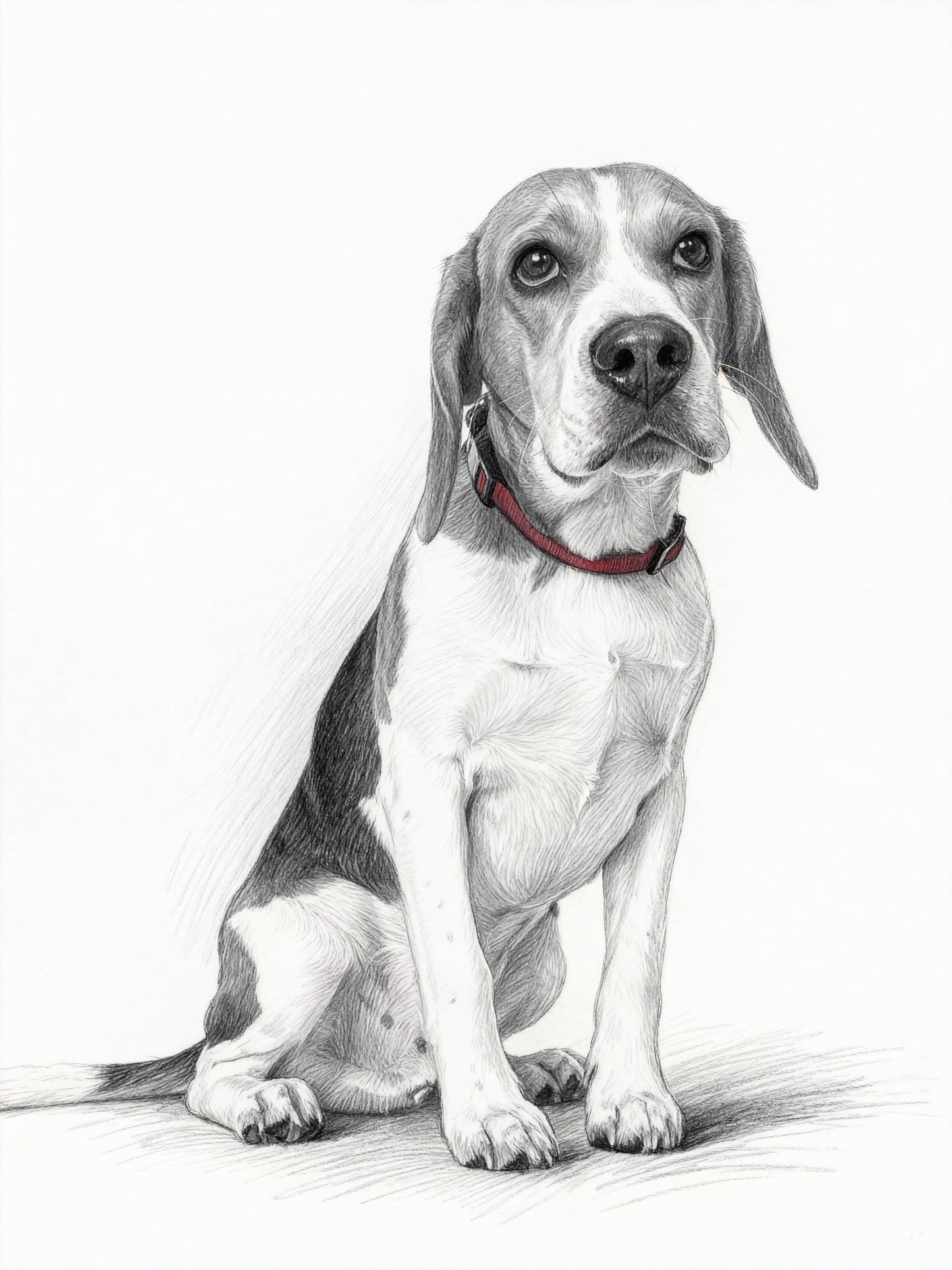 Modern minimalist black and white pencil pet portrait of a sitting Beagle with red collar and tri-color markings.