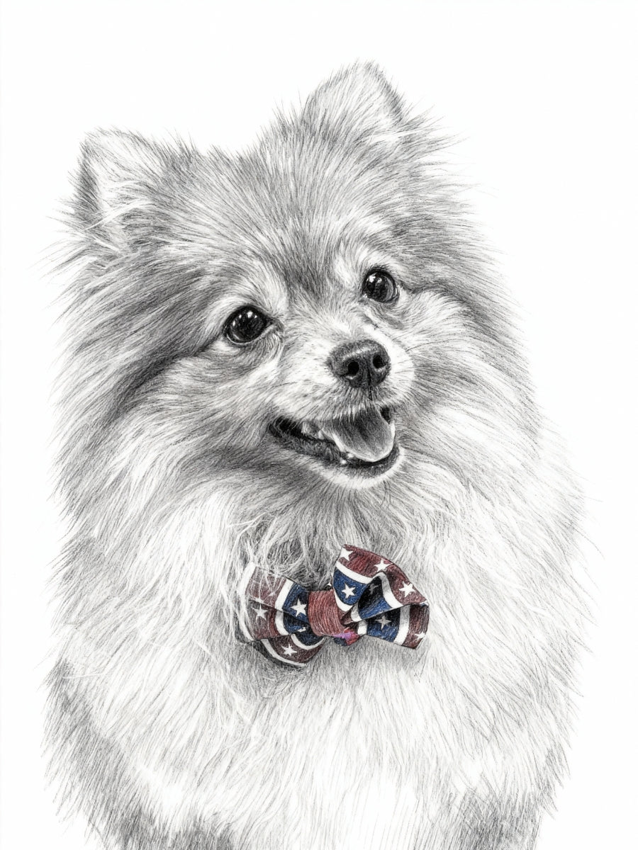 Modern minimalist black and white pencil style pet portrait of a fluffy dog with a colored American flag bow tie.