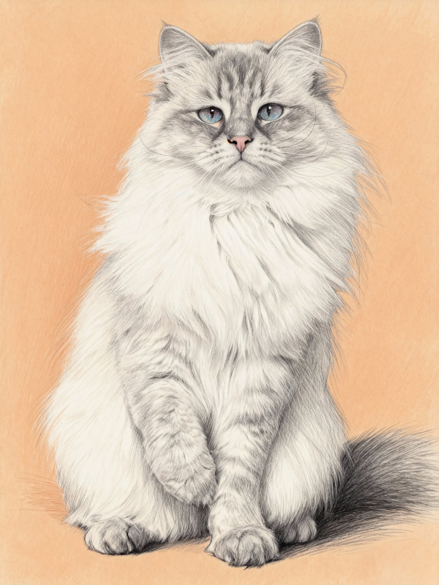 Modern minimalist black and white pencil style pet portrait of a long-haired cat with blue eyes and pink nose on peach background.