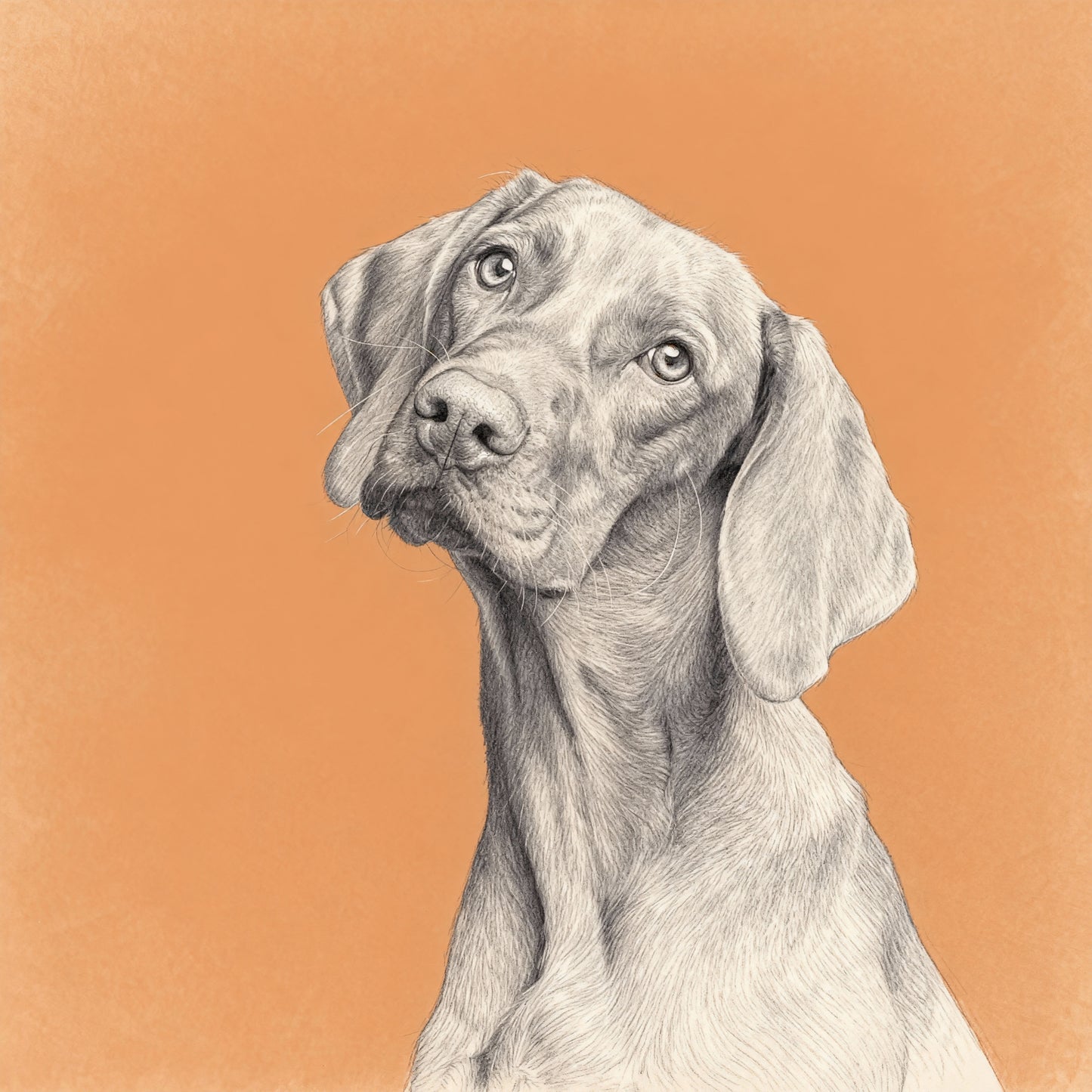 Modern minimalist black and white pencil pet portrait of a short-haired dog with long ears on orange background.