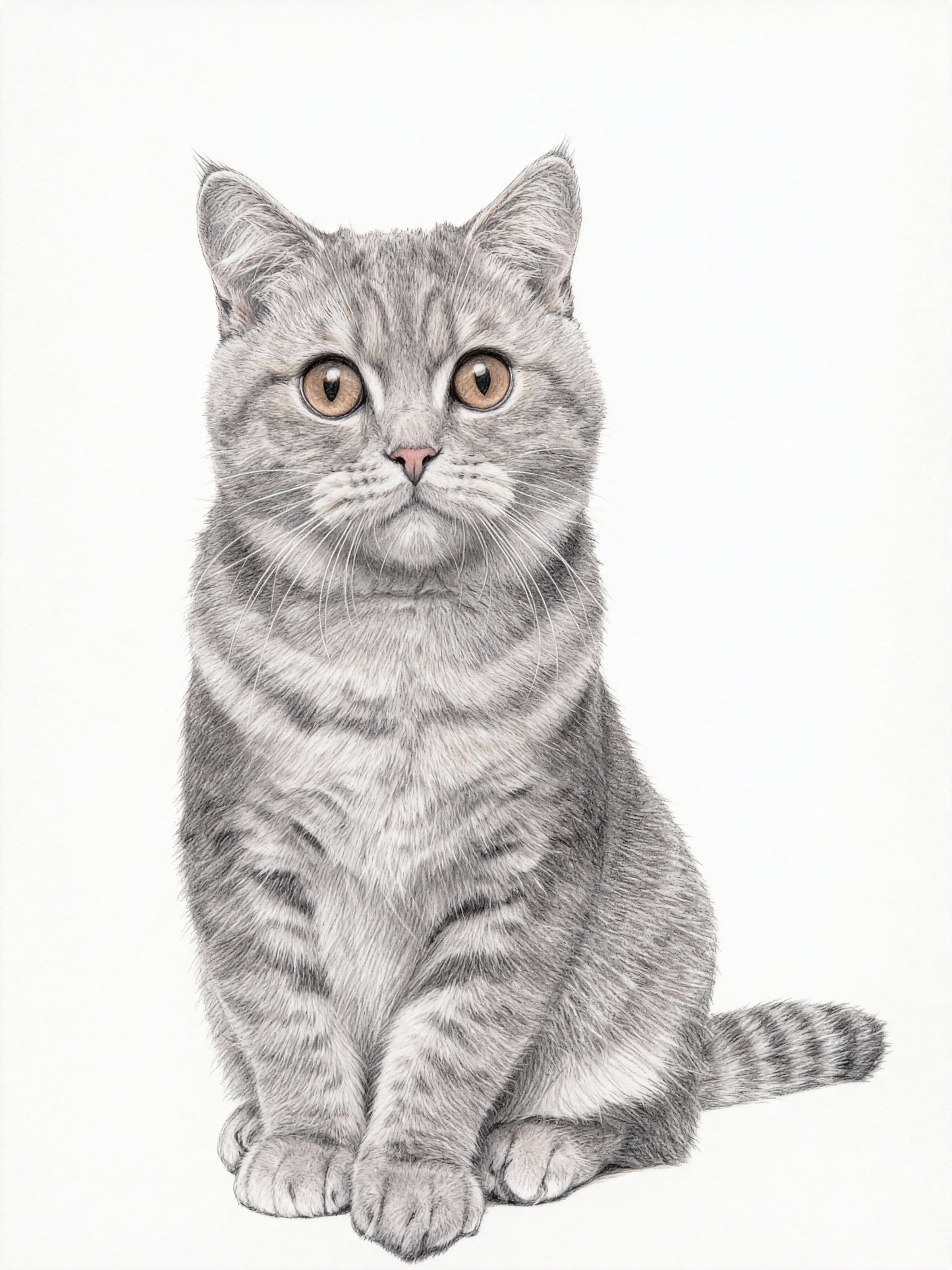 Modern minimalist black and white pencil pet portrait of a gray tabby cat with amber eyes and pink nose.