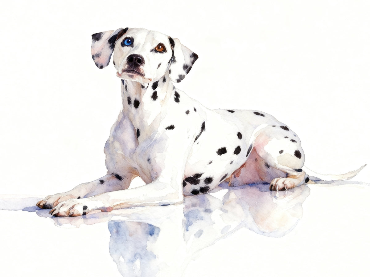 Modern minimalist watercolor pet portrait of Dalmatian dog with soft brushstrokes on a clean white background. 