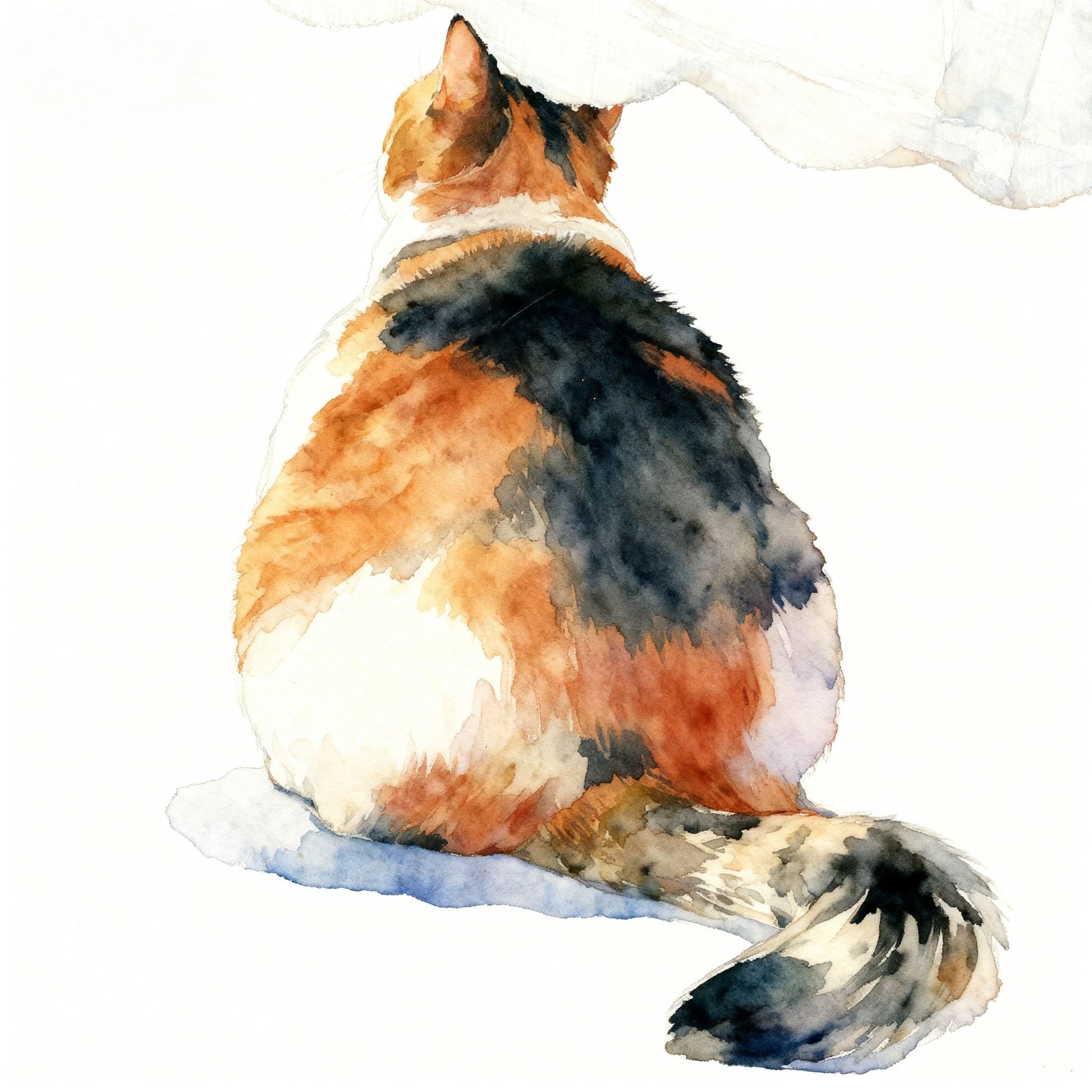 Modern minimalist watercolor pet portrait of a calico cat with soft brushstrokes on a clean white background.