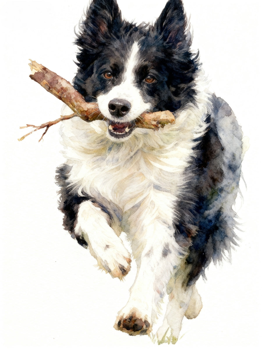 Modern minimalist watercolor pet portrait of a dog with soft brushstrokes on a clean white background.