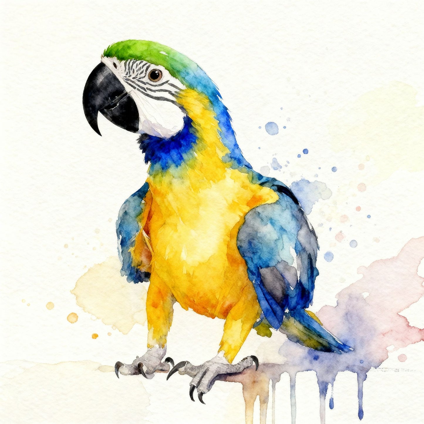 Modern minimalist watercolor pet portrait of a parrot with soft brushstrokes on a clean white background.