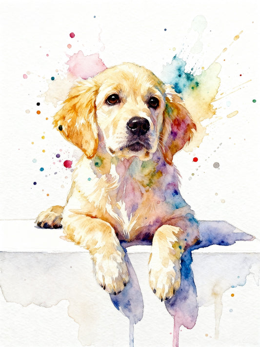 Modern minimalist watercolor pet portrait of a puppy with soft brushstrokes on a clean white background.