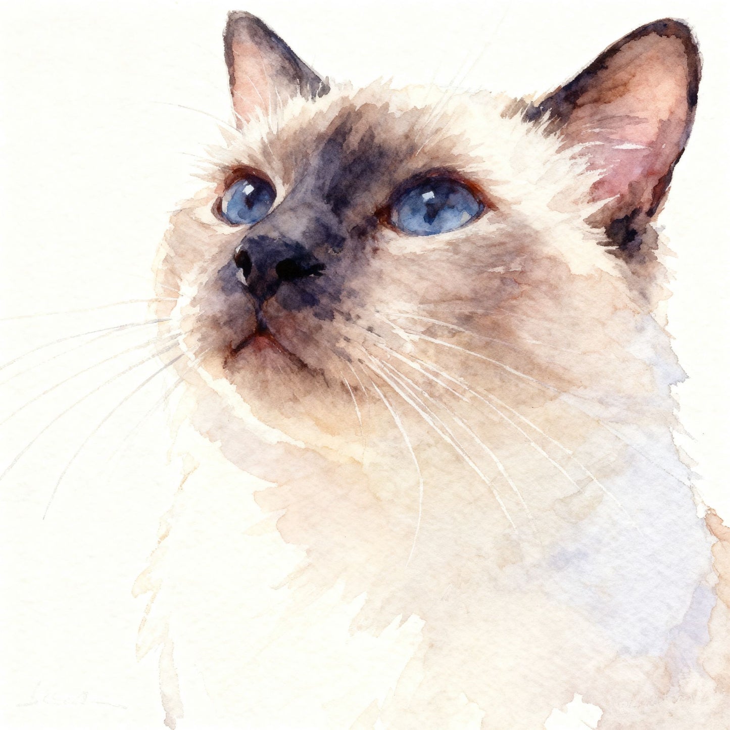 Modern minimalist watercolor pet portrait of a white cat  with soft brushstrokes on a clean white background.