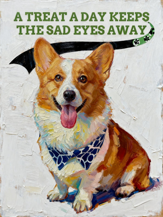 Modern pet portrait of a happy Corgi with tongue out, under a playful banner on textured background.