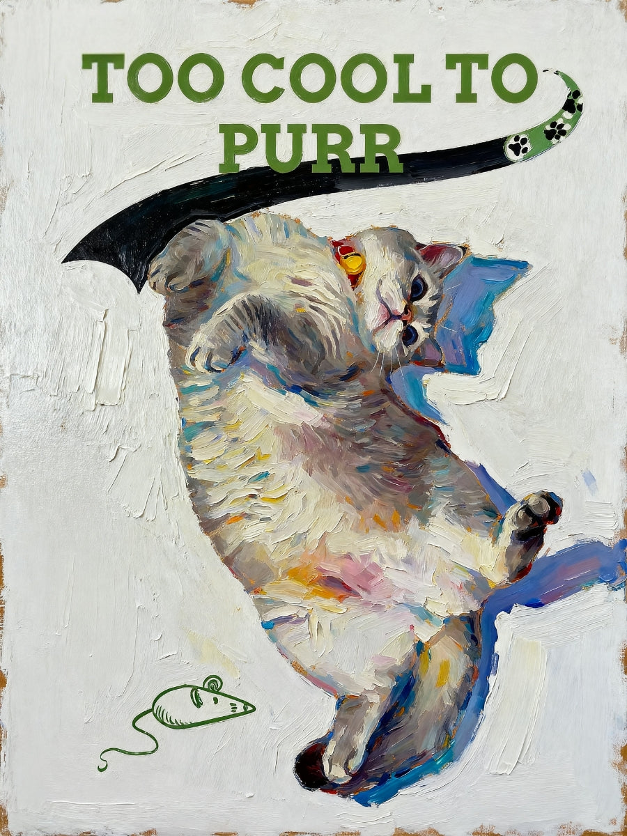 Modern pet portrait of a cat, under a playful banner on textured background.