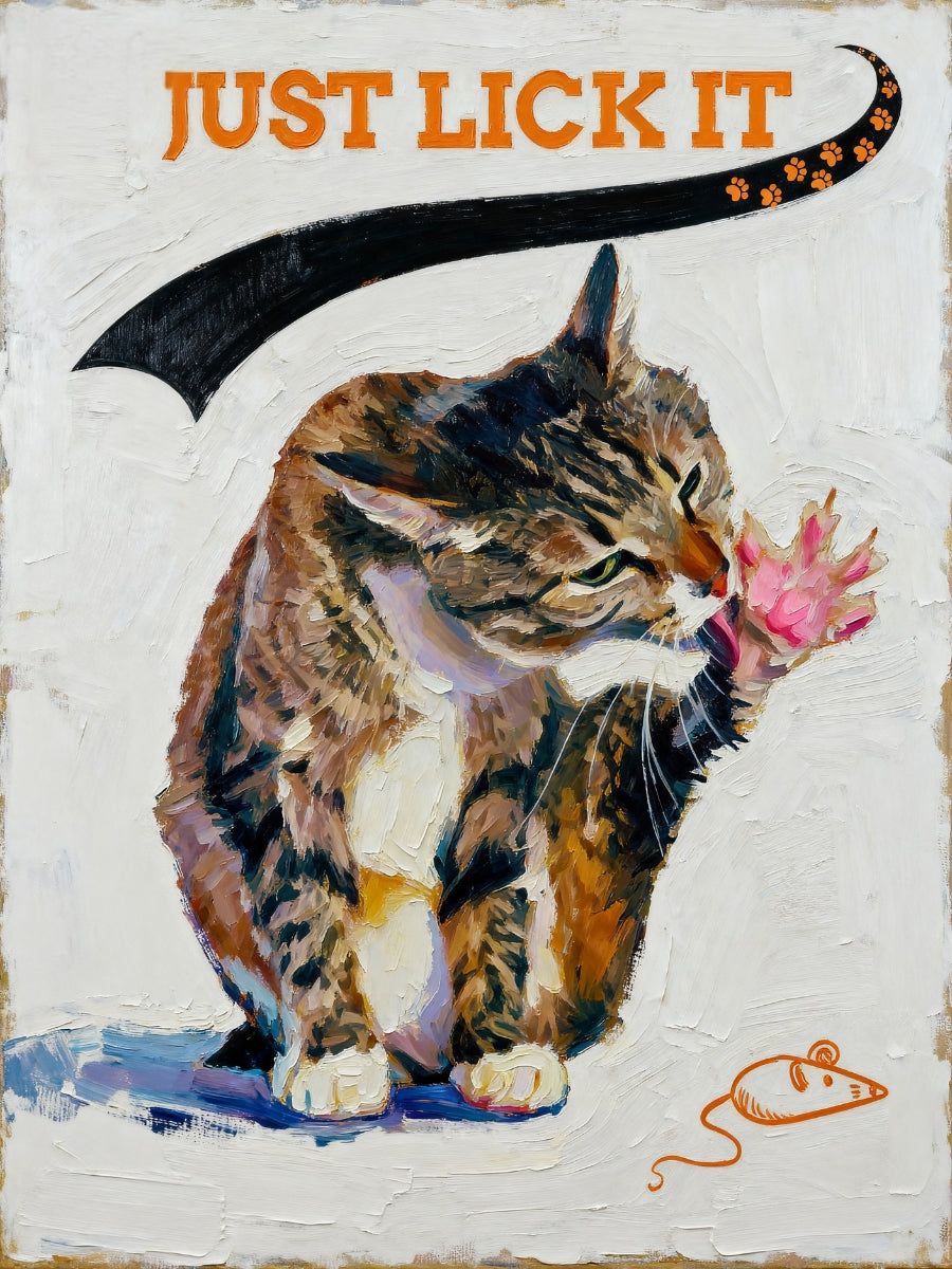 Modern pet portrait of a cat licking, under a playful banner on textured background.