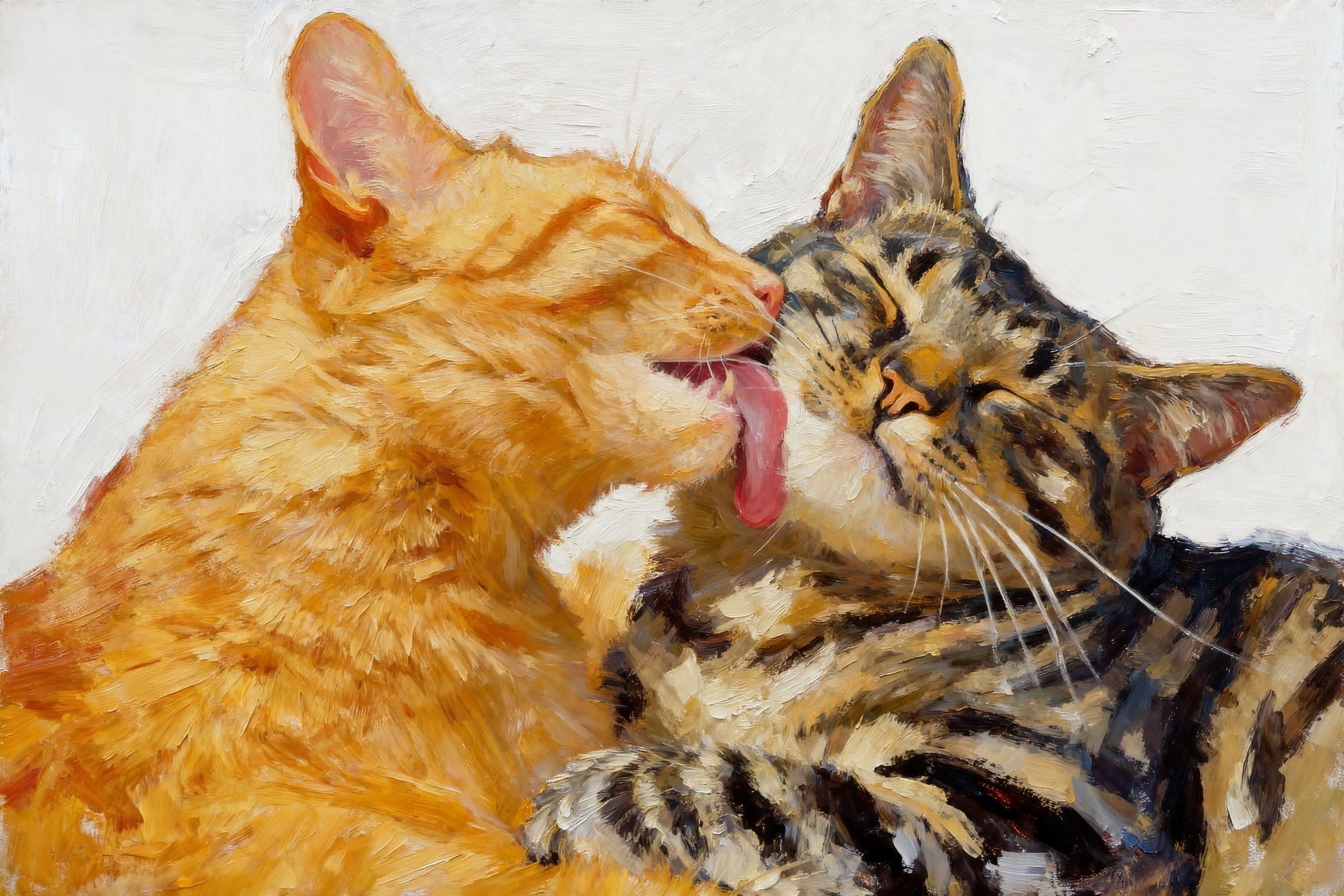 Modern pet portrait poster showing two cats hugging, illustrated in a minimalist oil painting style.