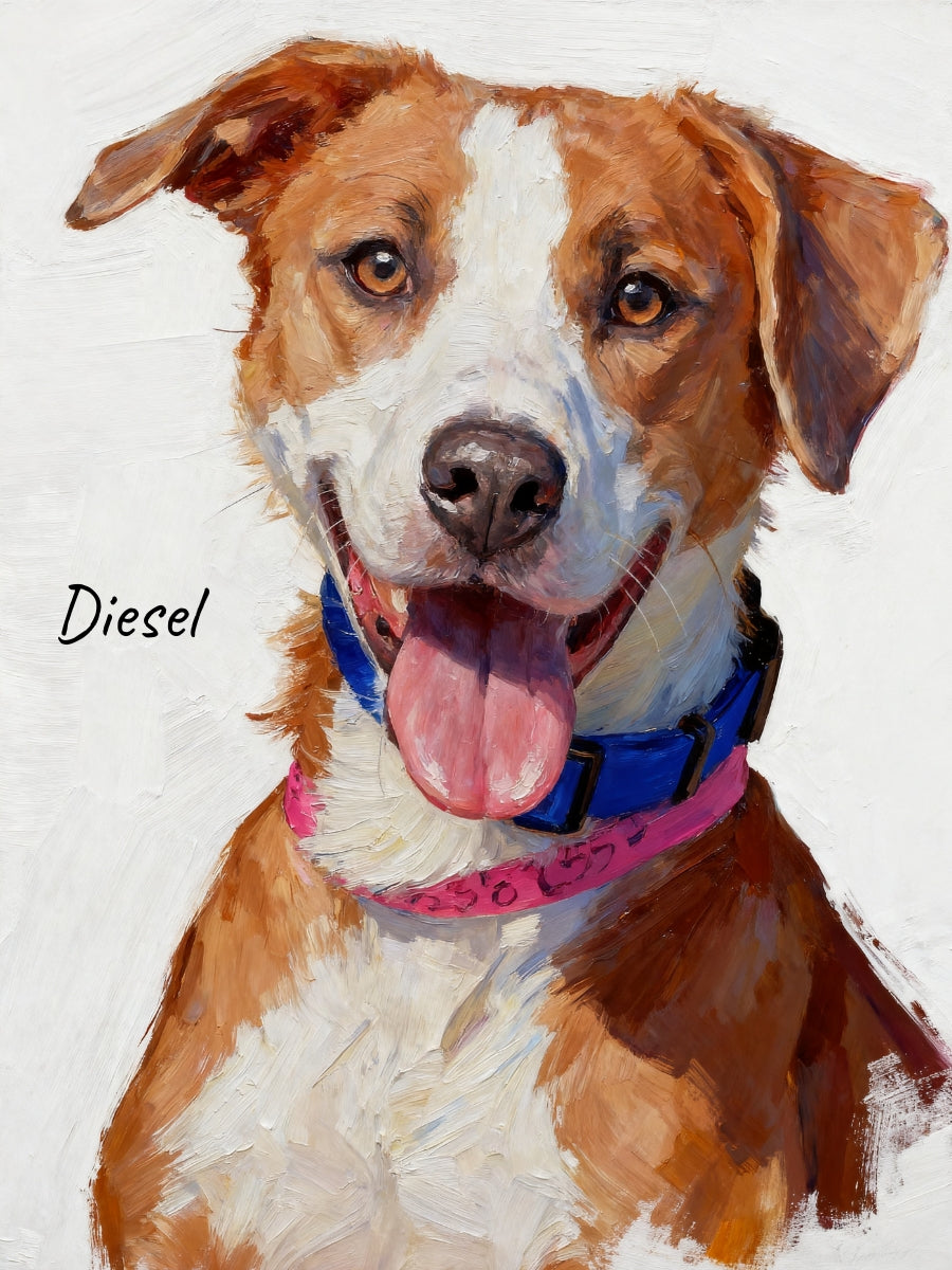 Modern pet portrait poster illustrated in minimalist oil painting style.