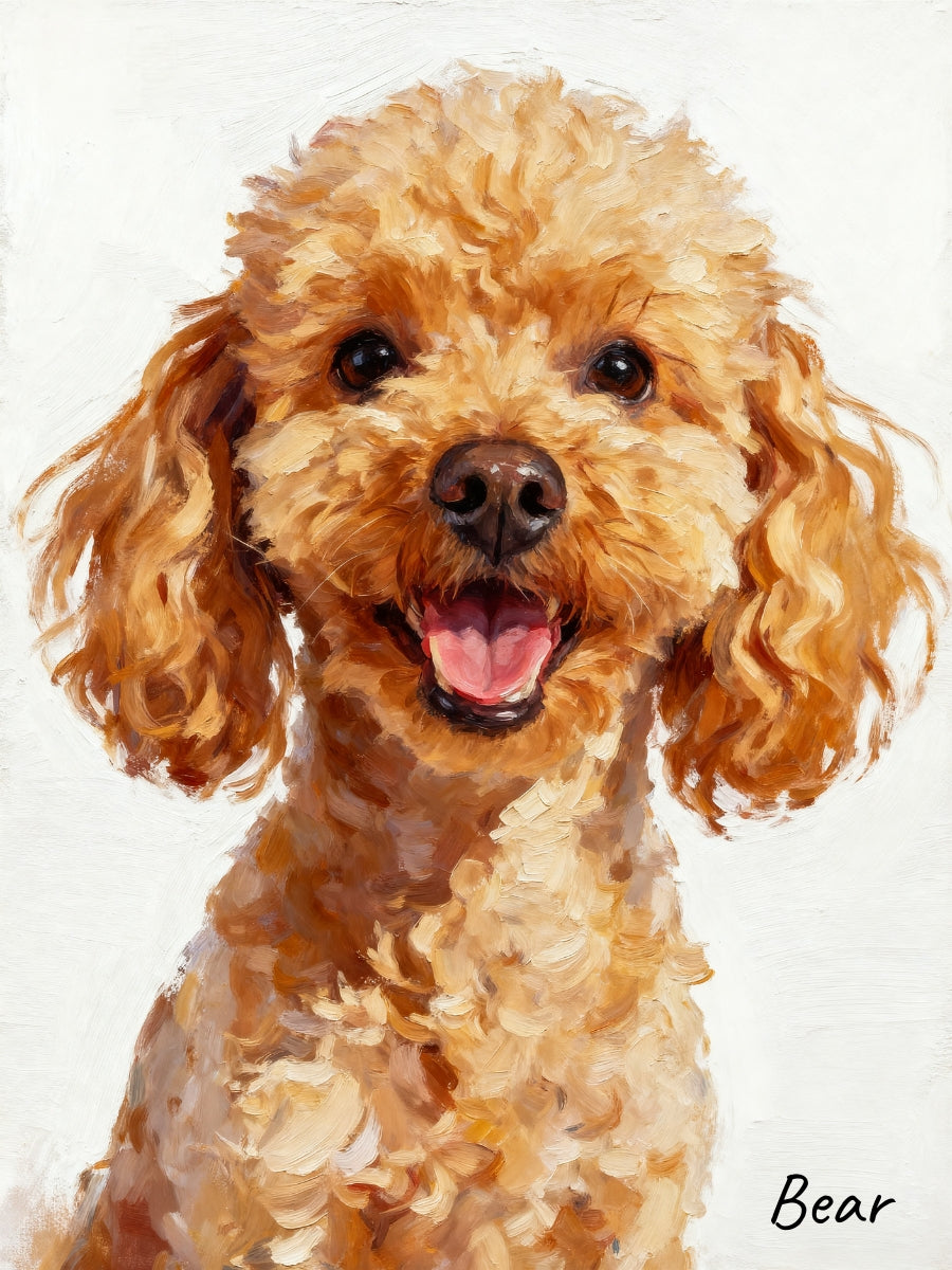 Modern pet portrait poster featuring a poodle in oil painting style.