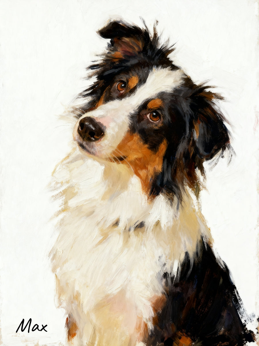 Modern pet portrait poster featuring a dog with black, brown, and white fur in oil painting style.