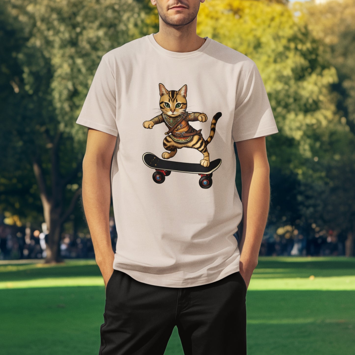 Young man wearing a short-sleeve beige colored cotton cool cat shirt with an Epic Skater Cat design.