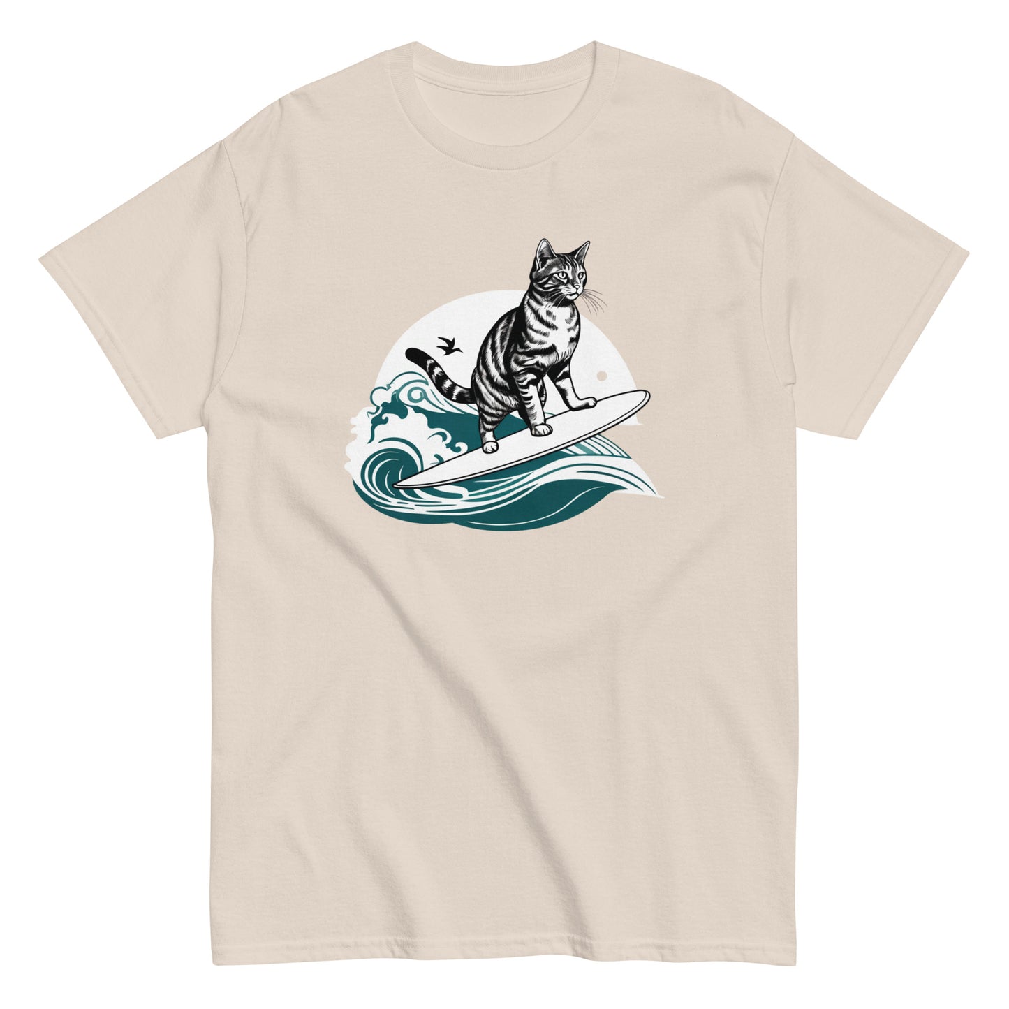 Natural color cotton T-shirt with a cool surfing cat design, perfect for cat lovers.