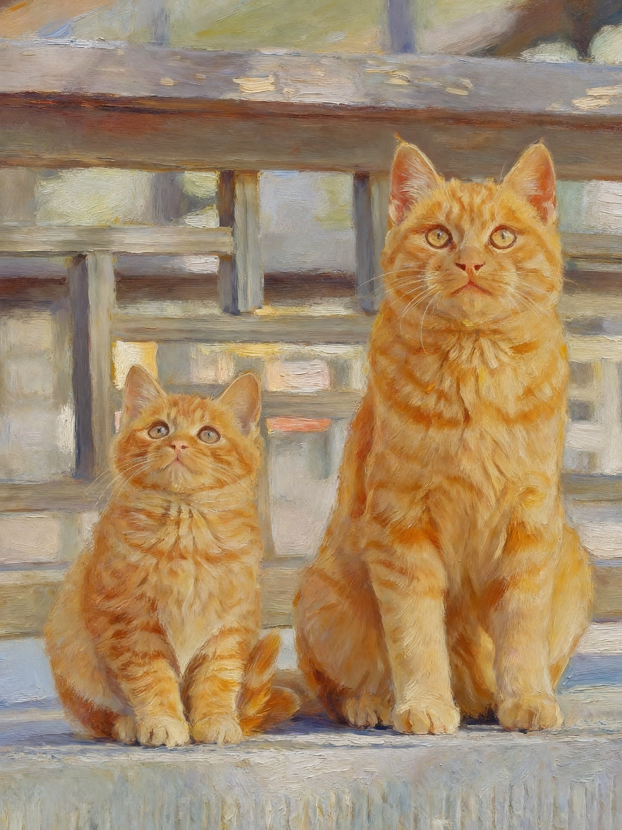 Custom canvas oil portrait of two orange tabby cats on balcony, personalized pet artwork
