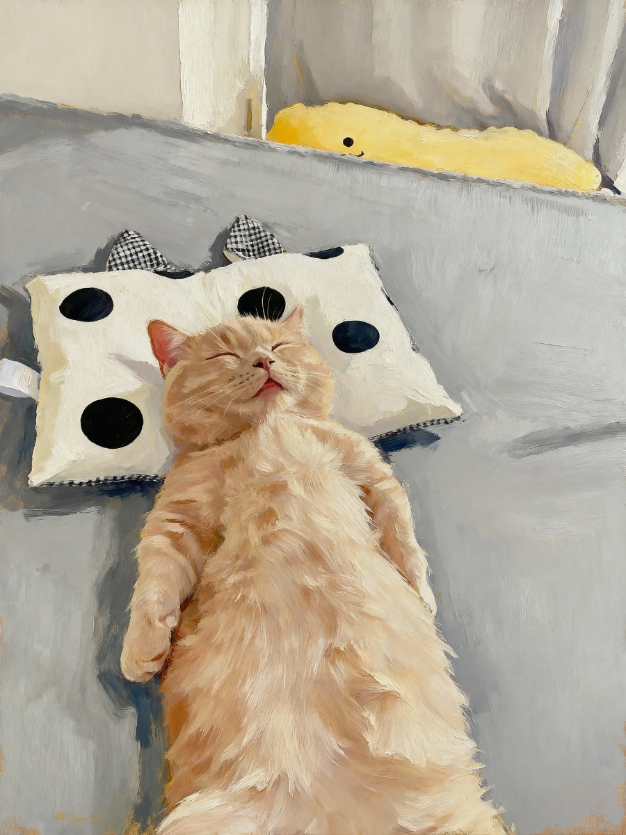 Personalized cat canvas featuring a cat lying on a bed with polka dot pillows and a yellow toy in the background.
