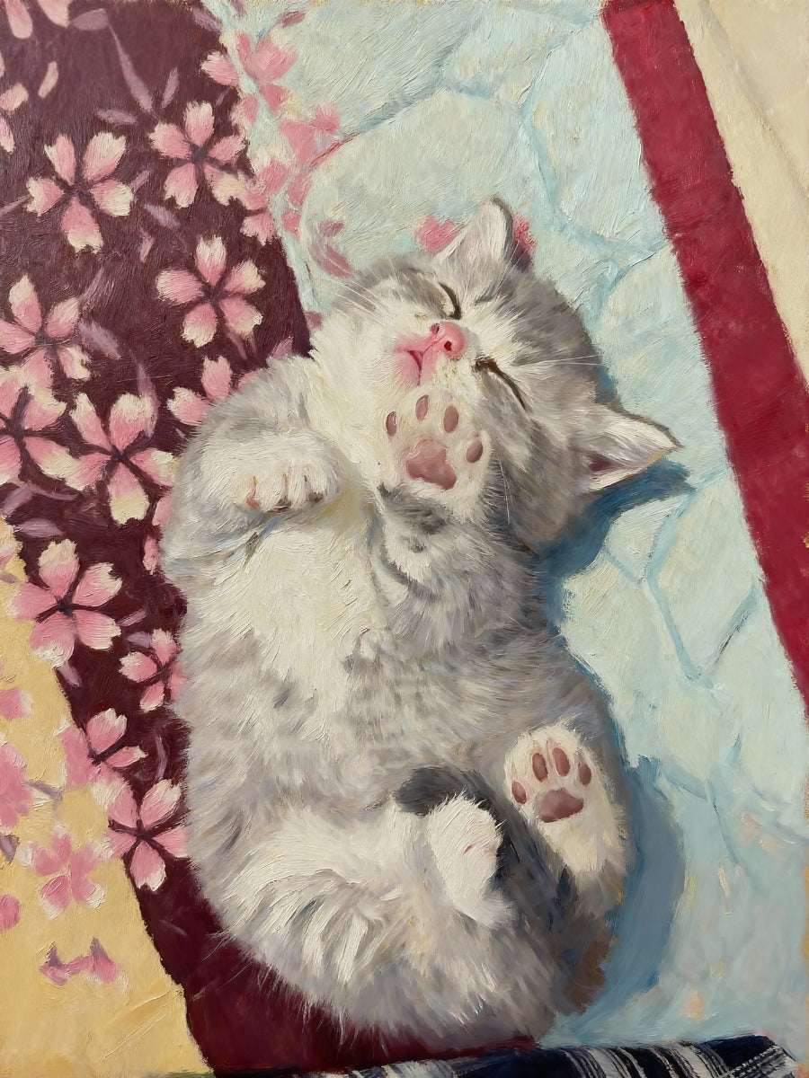Personalized cat canvas featuring a sleeping kitten on a floral-patterned rug