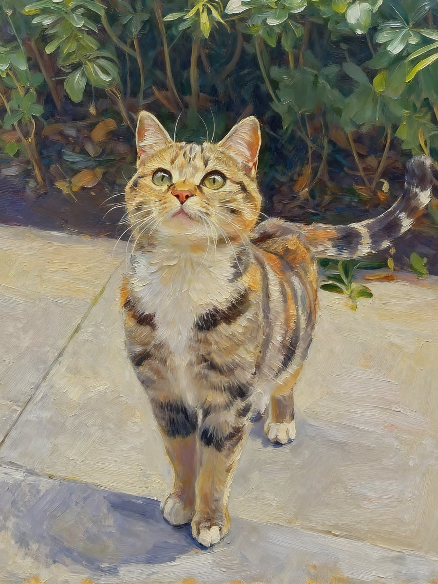 Custom canvas oil portrait of tabby cat in garden setting, personalized pet artwork.