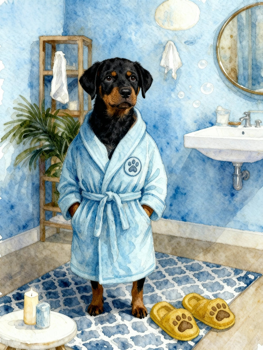 Personalized dog bathroom art featuring Rottweiler in bathrobe, illustrated in watercolor style with cozy bathroom decor.