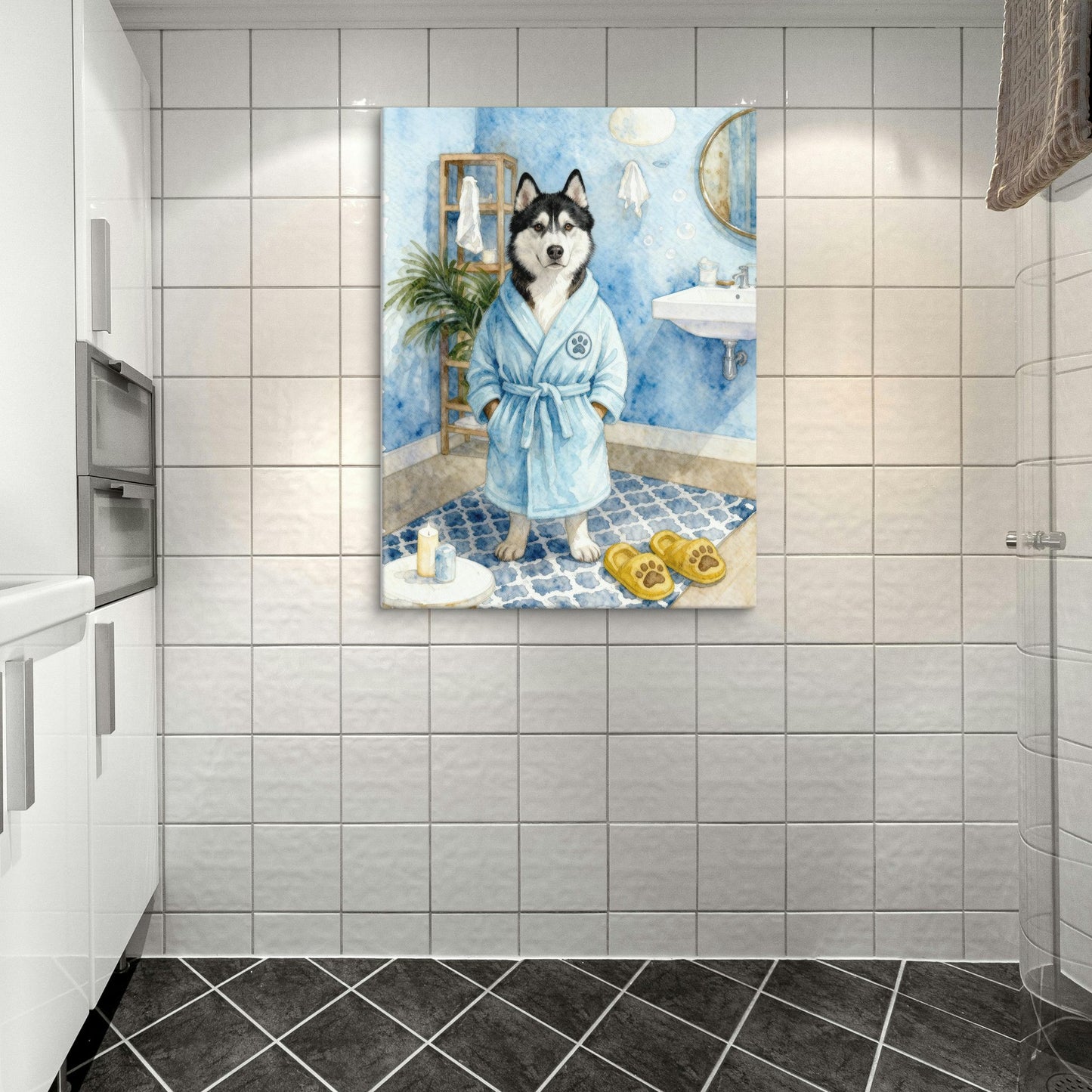 Personalized dog bathroom art featuring a Husky in bathrobe, illustrated in watercolor style with cozy bathroom decor.