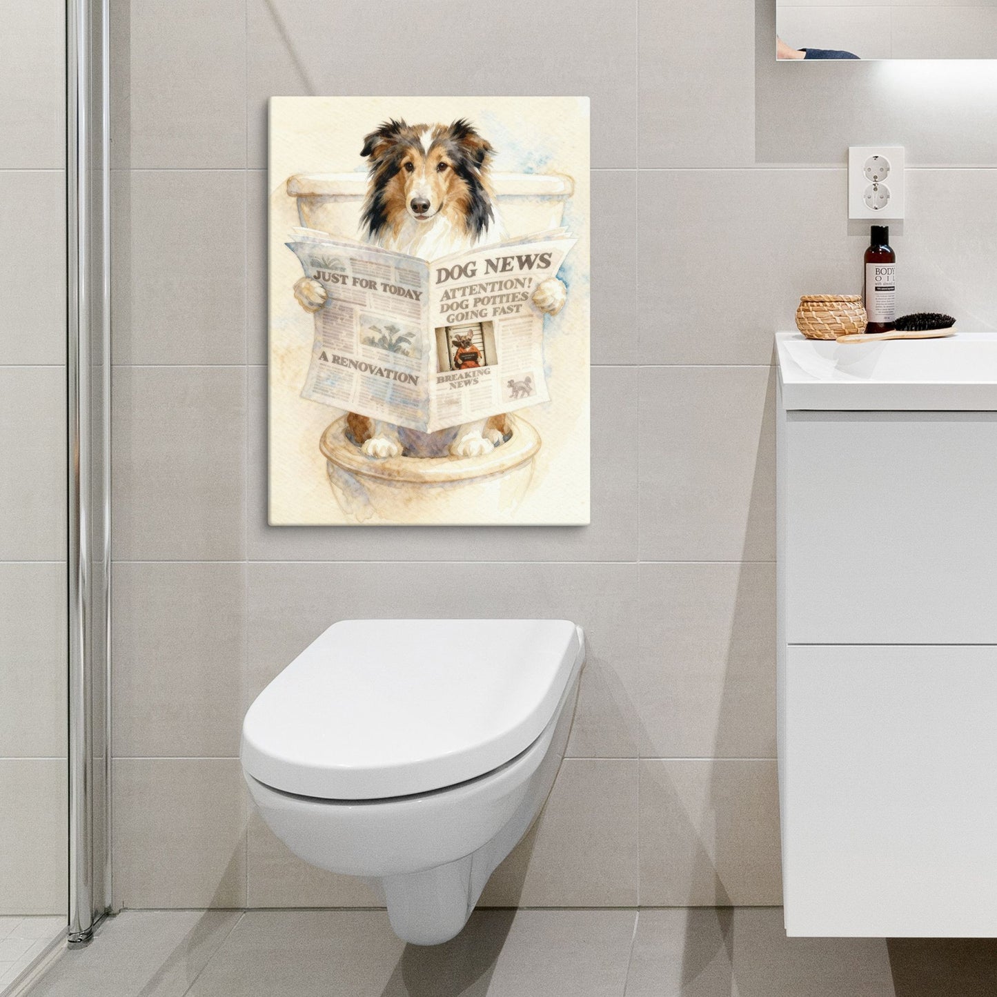 Personalized Dog Bathroom Art featuring a Shetland Sheepdog humorously reading 'DOG NEWS' on the toilet, adding charm and laughter to a modern bathroom.