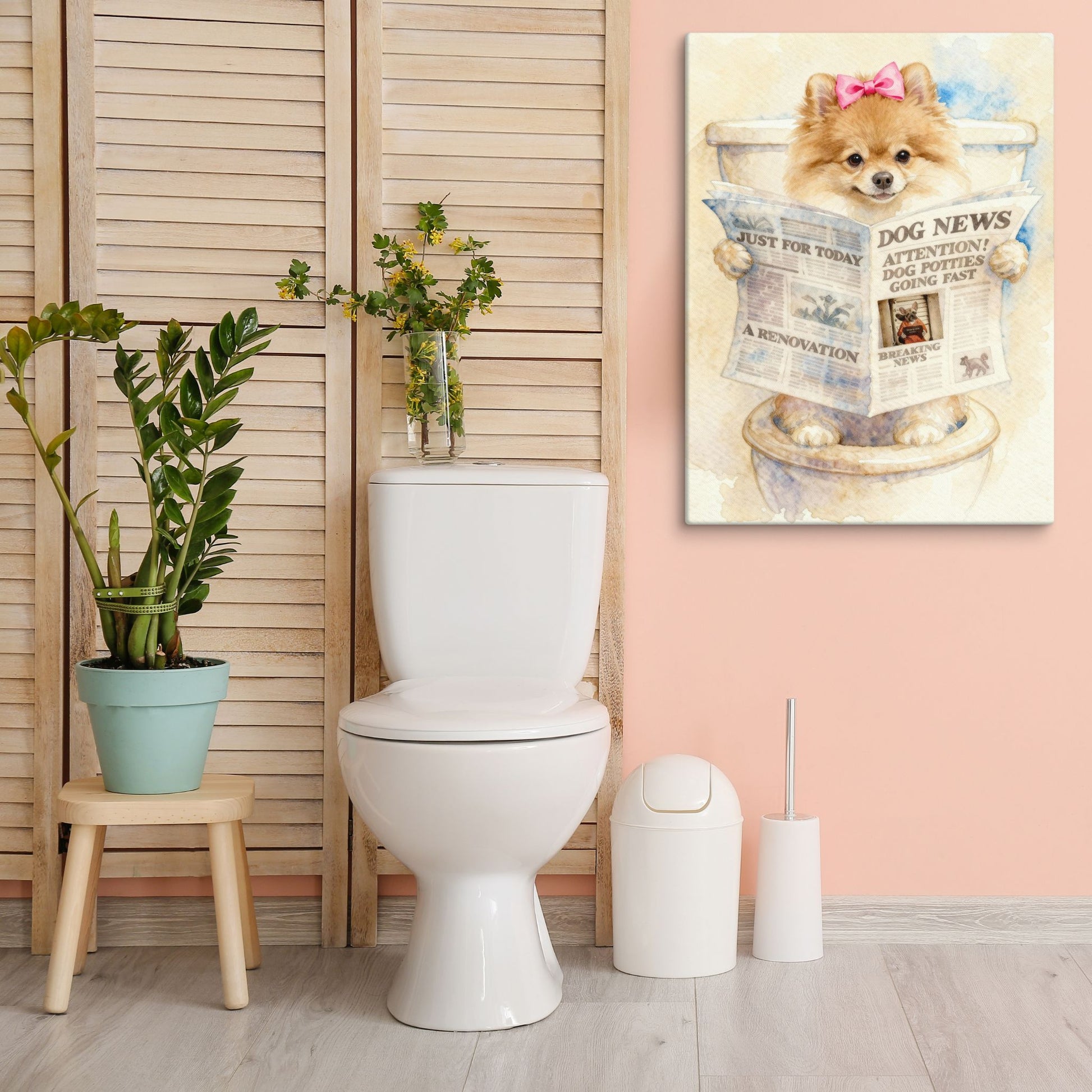 Humorous watercolor illustration of a fluffy dog with a pink bow sitting on a toilet, reading a newspaper titled 'DOG NEWS' in a modern bathroom setting