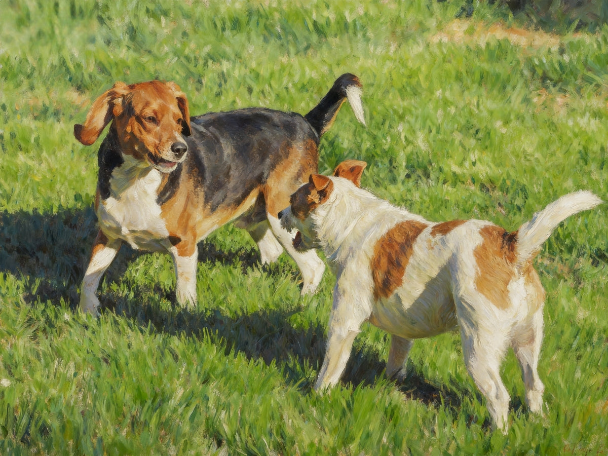 Oil painting portrait of two dogs playing in a grassy field