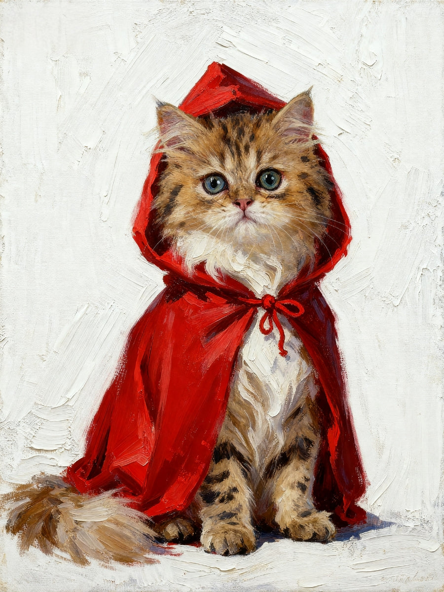 Custom pet portrait of a Chinchilla cat in a red riding hood cape, whimsical fairy tale costume for personalized pet artwork.