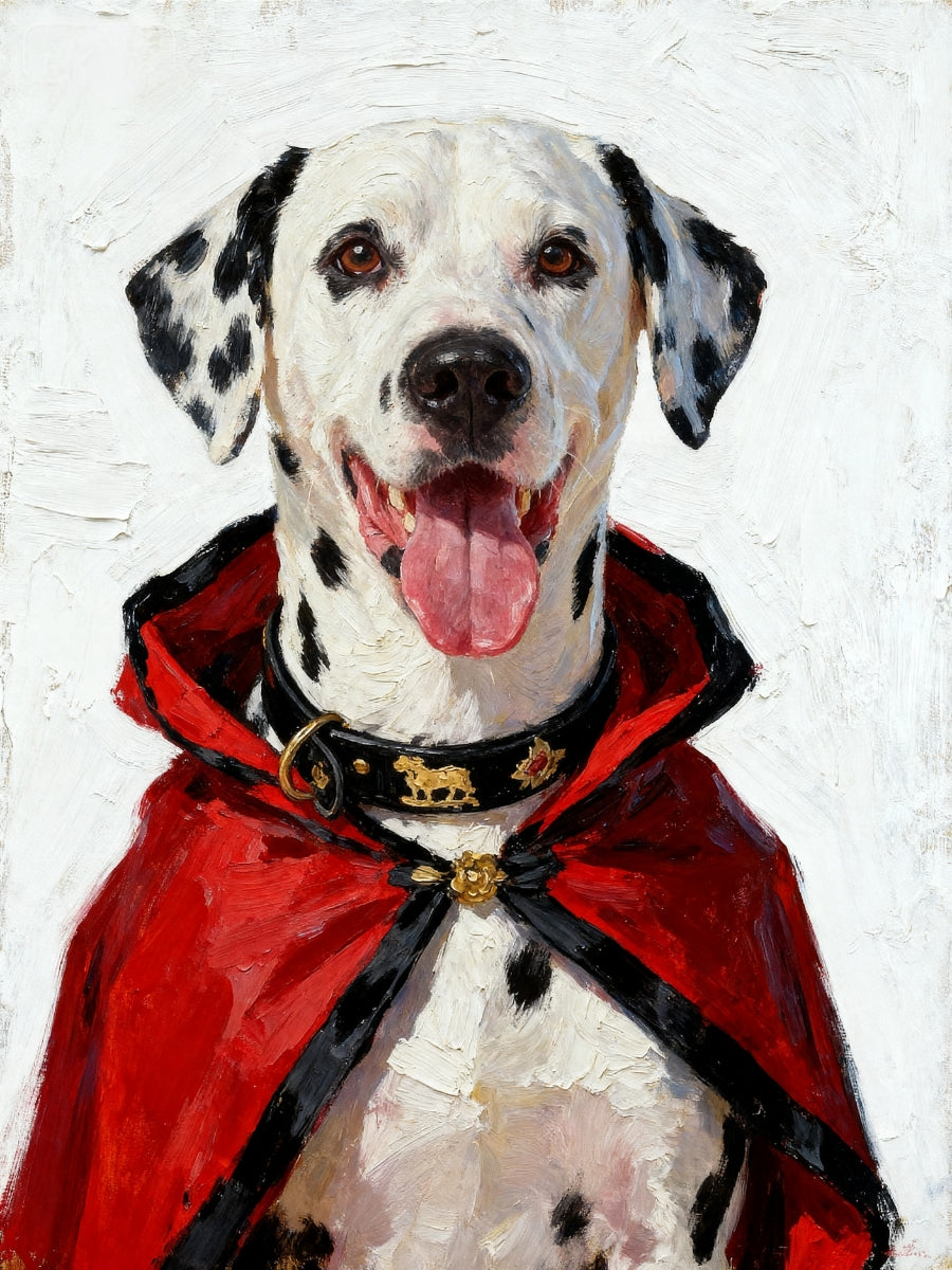 Custom pet portrait of a dalmatian dog in a red riding hood cape, whimsical fairy tale costume for personalized pet artwork.