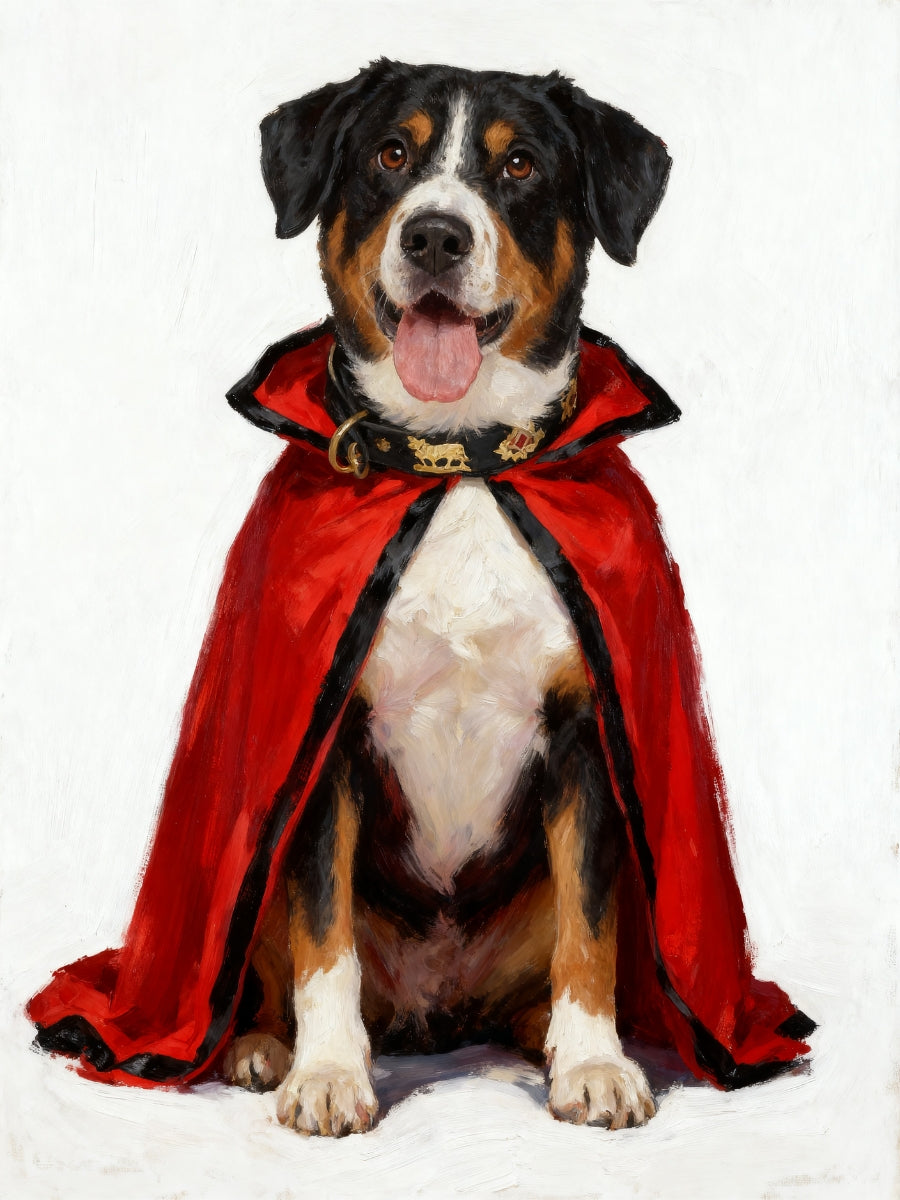 Custom pet portrait of a dog in a red riding hood cape, whimsical fairy tale costume for personalized pet artwork.