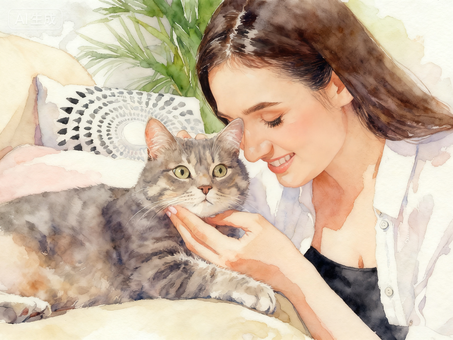 Watercolor portrait of woman hugging her cat, capturing pet-owner bond in art.