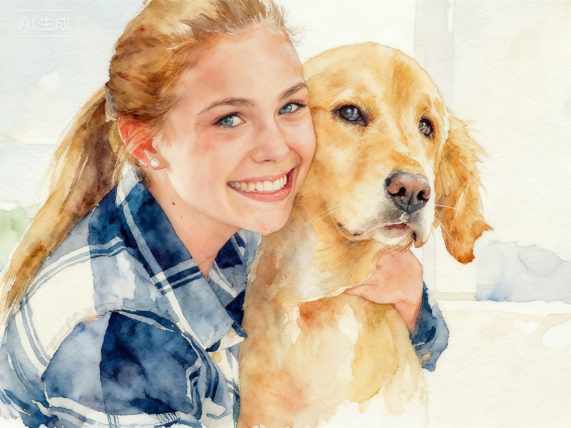 Watercolor portrait of woman hugging her dog, capturing pet-owner bond in art.