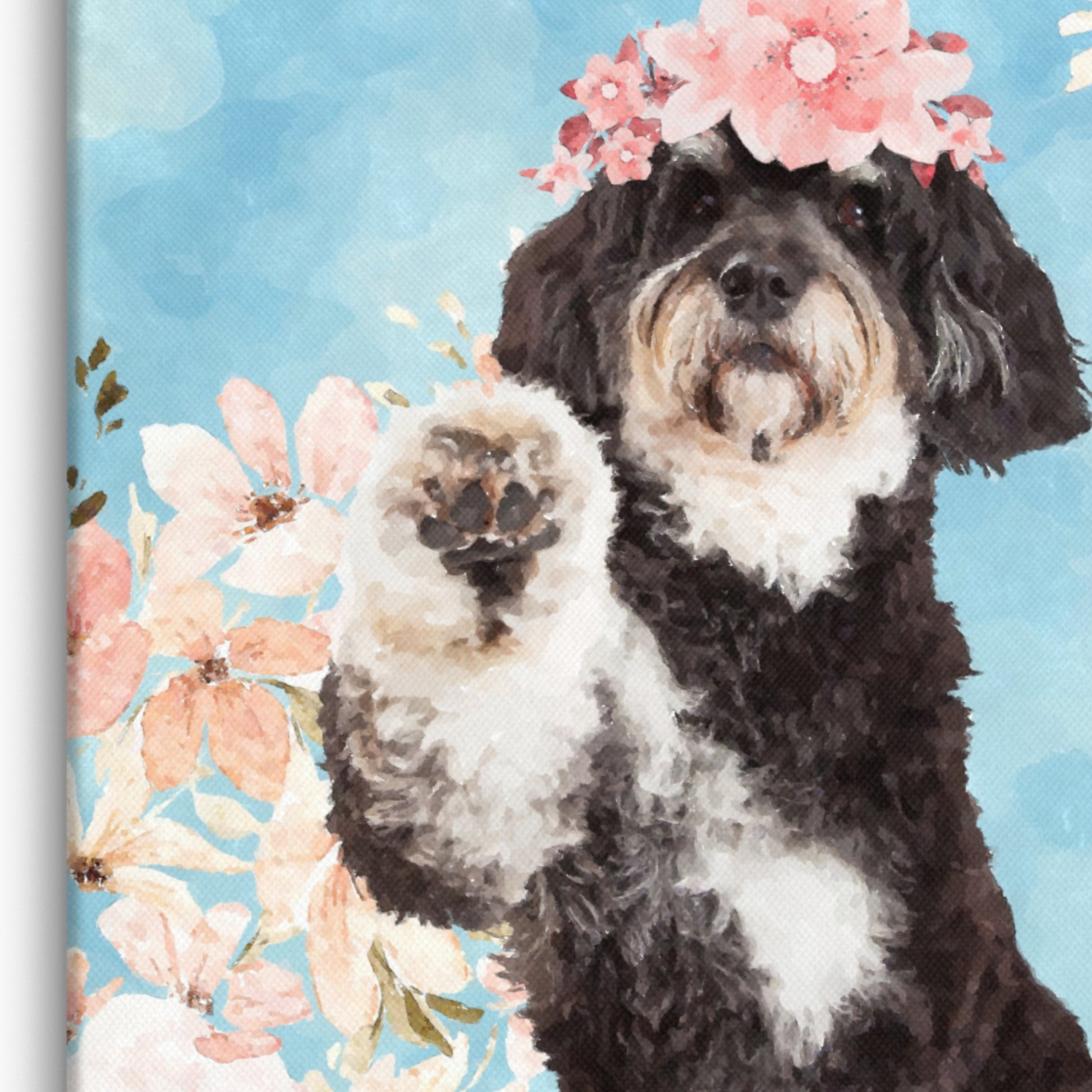 Zoom in of a  portrait canvas featuring a dog with a floral crown on a floral background.