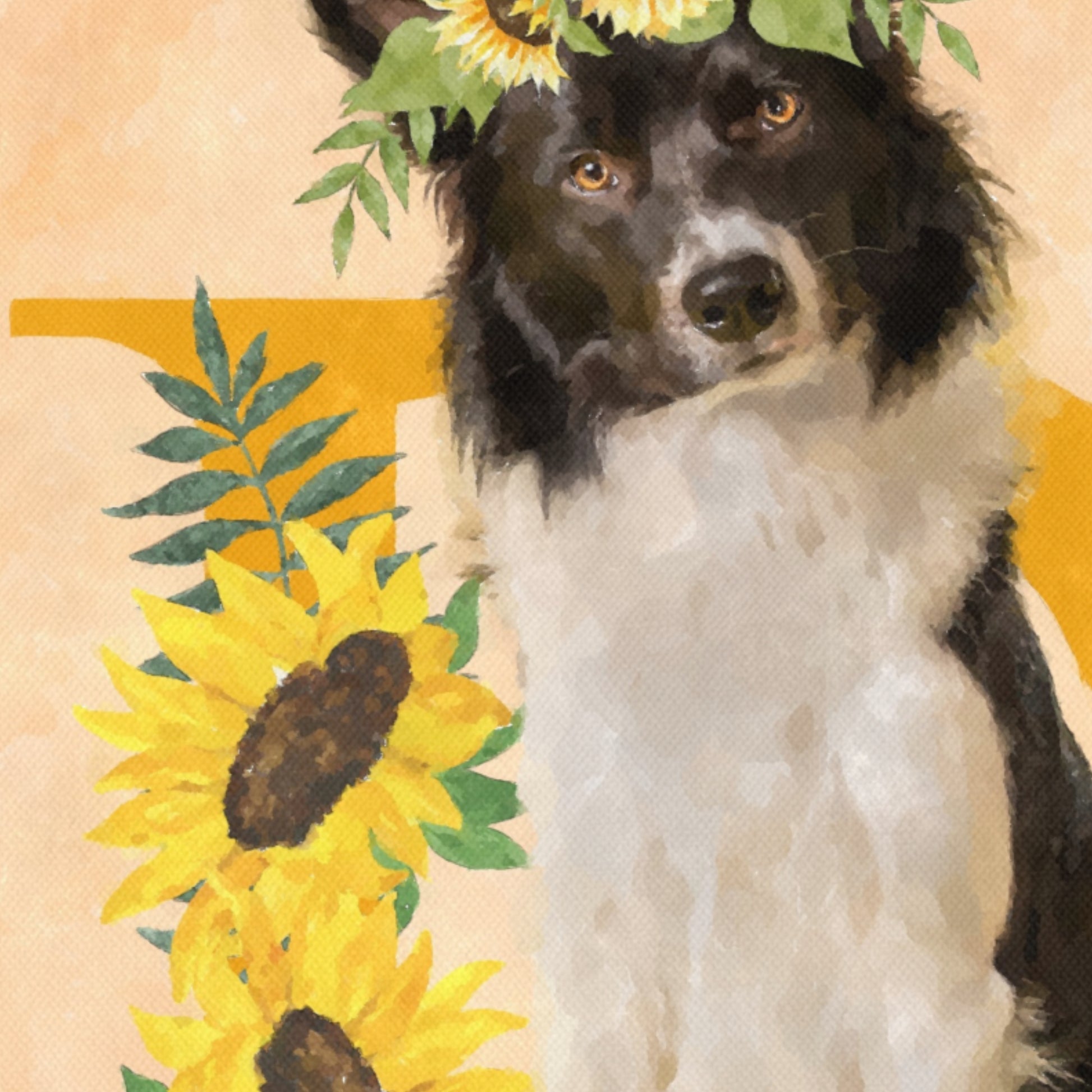 Zoom in of a portrait canvas featuring a dog with sunflower wreath on head and sunflowers around, on a beige background.