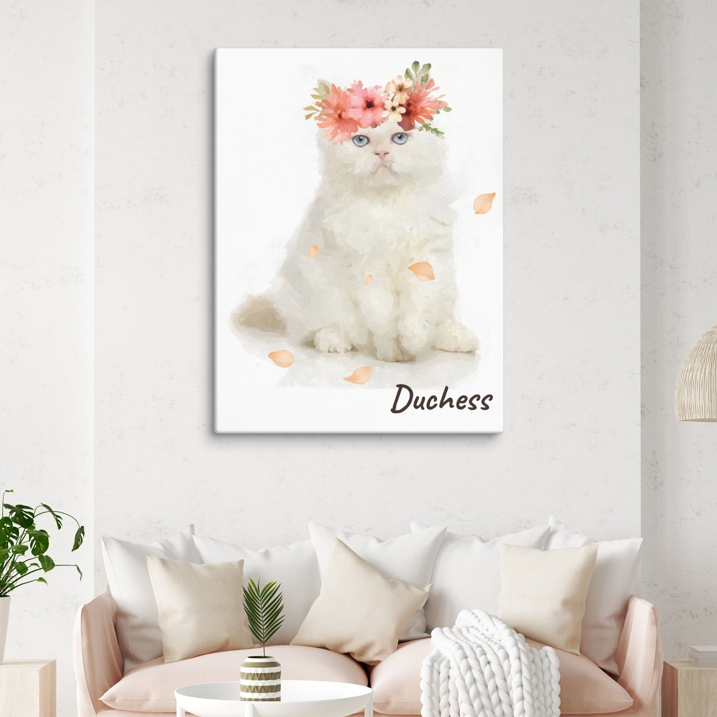 Watercolor cat portrait of Duchess wearing a pink flower crown, with her name below the image in cursive.