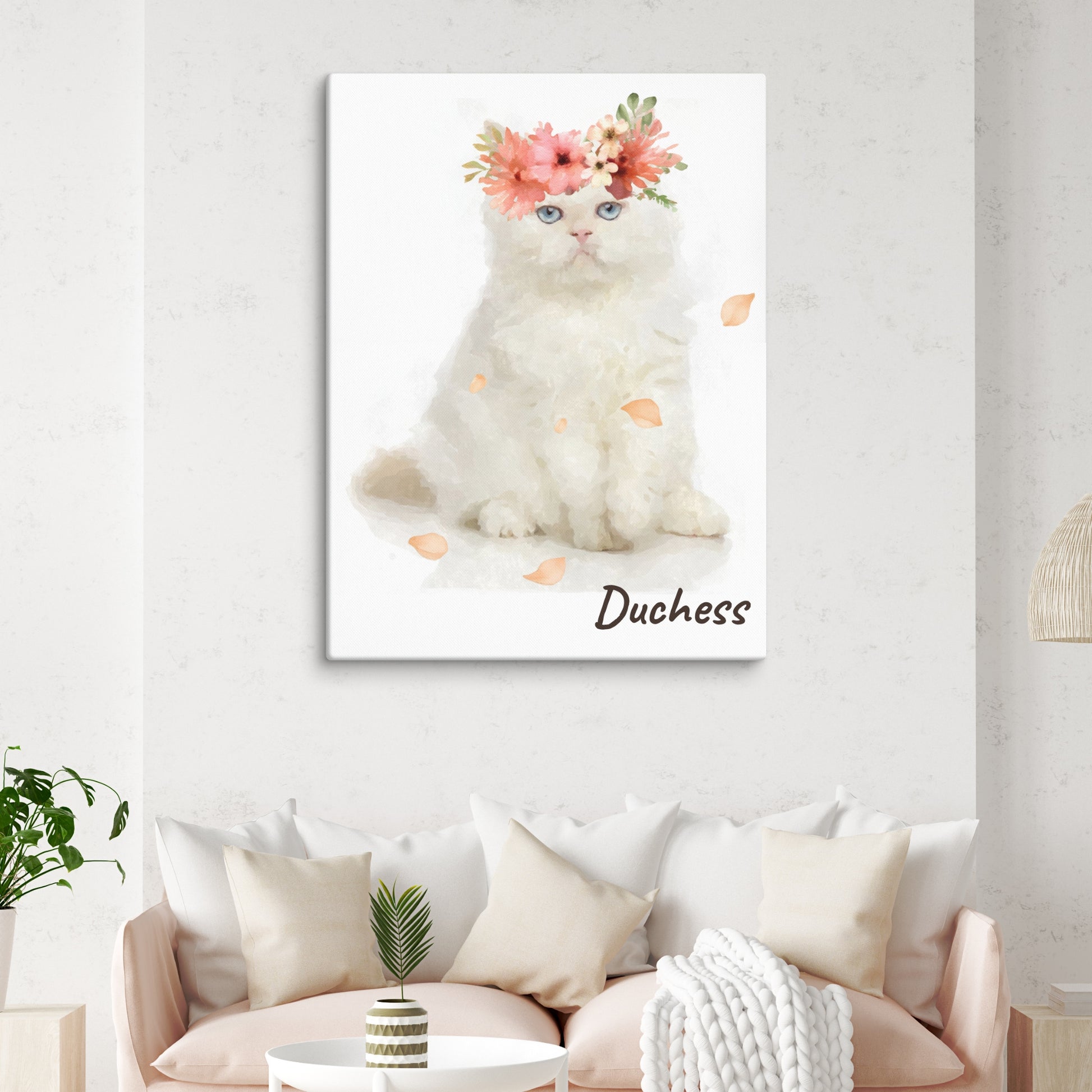 Watercolor cat portrait of Duchess wearing a pink flower crown, with her name below the image in cursive.