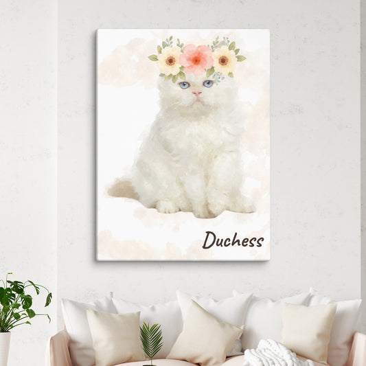 Watercolor cat portrait of Duchess wearing a pink flower crown, with her name below the image in cursive.