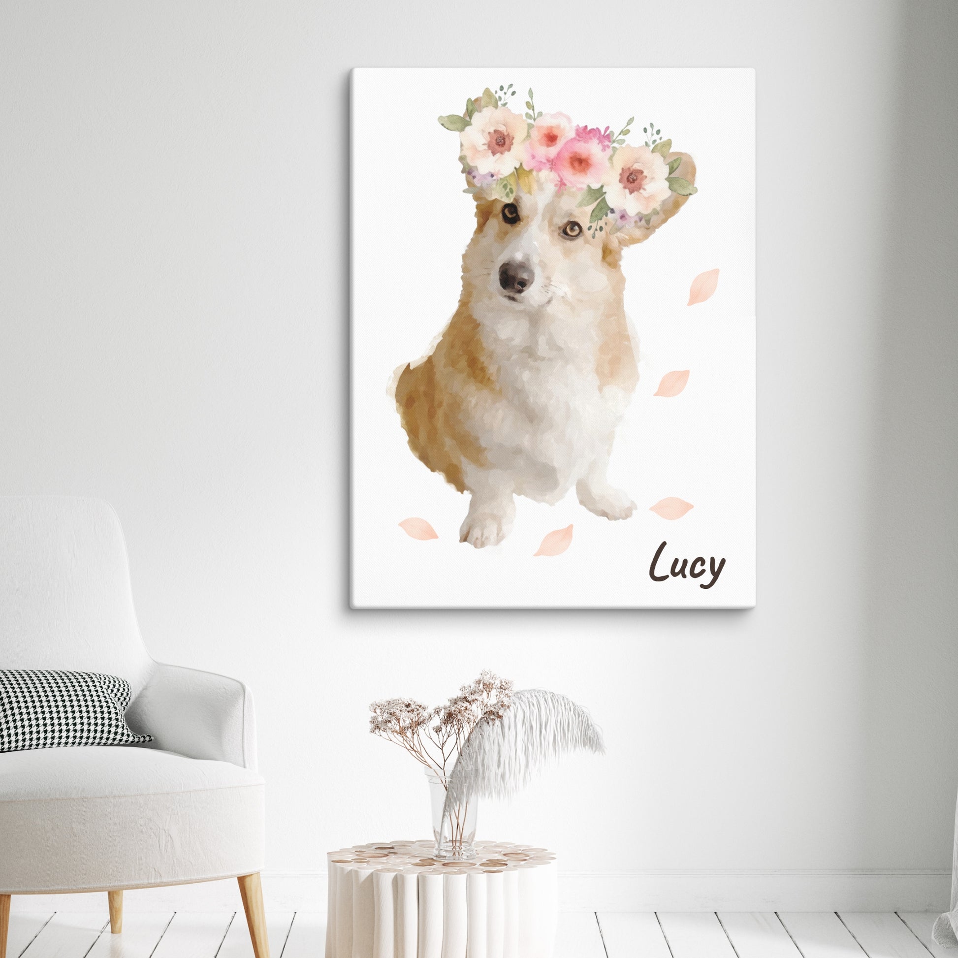 Watercolor pet portrait of a dog named Lucy with a pink and white flower crown, surrounded by floating petals. Her name appears in cursive at the bottom right.