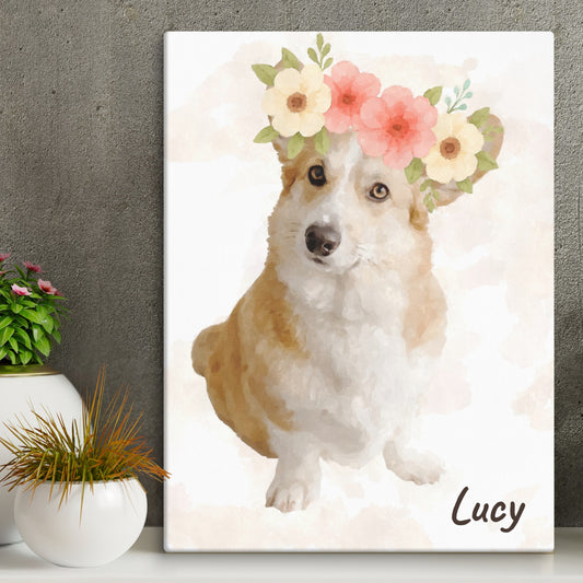 Watercolor pet portrait of a dog named Lucy with a pink and white flower crown, surrounded by floating petals. Her name appears in cursive at the bottom right.